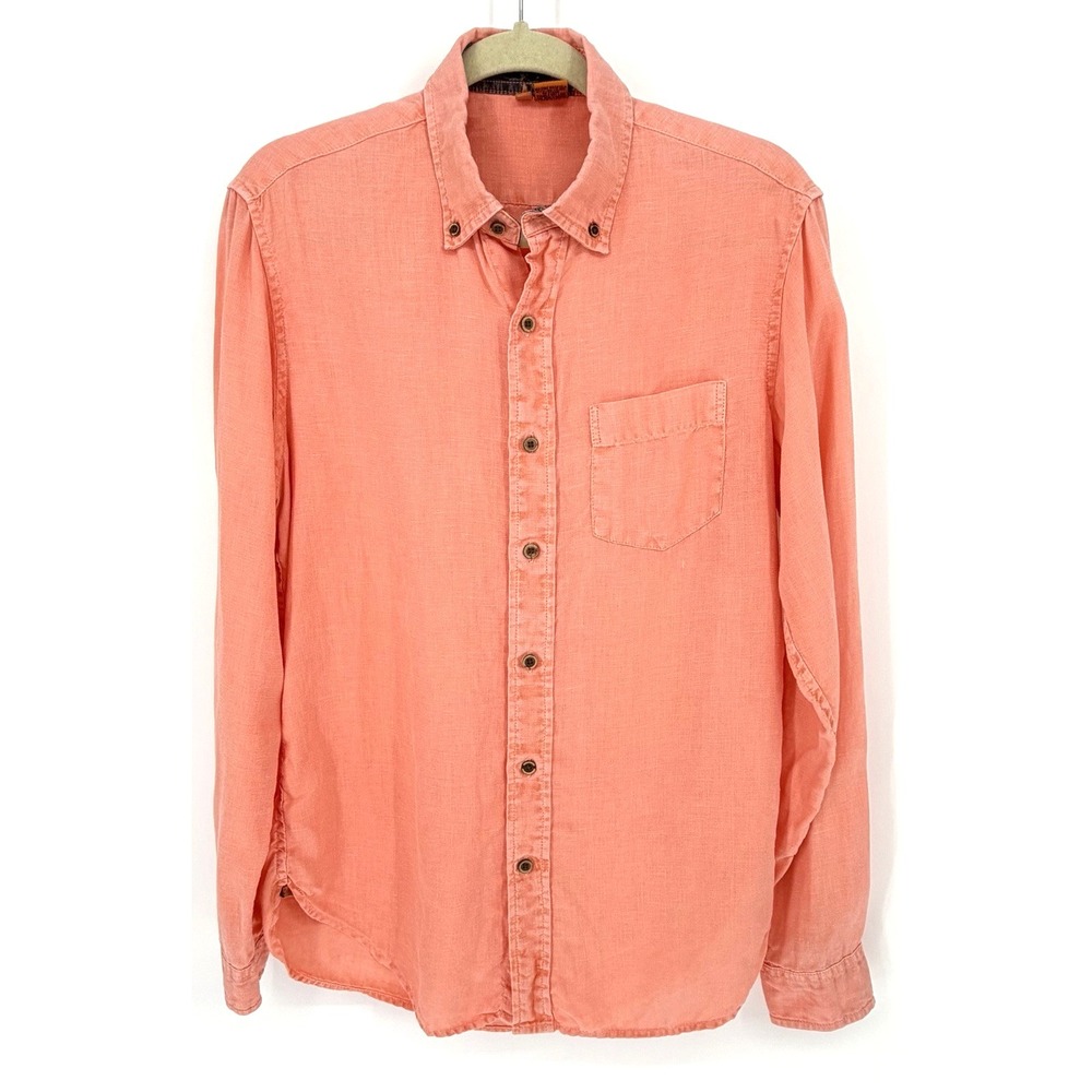 Tailor Vintage Mens S Linen Button‎ Up Long Sleeve Shirt Salmon Beach Coastal